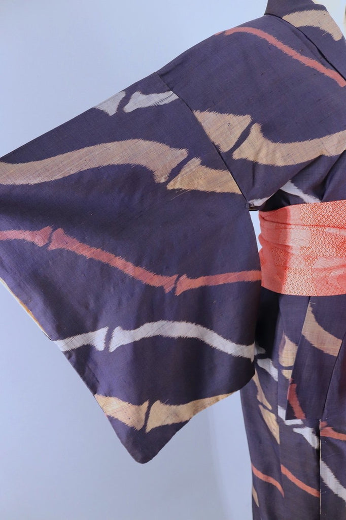 Vintage Silk Kimon Robe / Navy Blue Copper Gold Bamboo Stripes ...