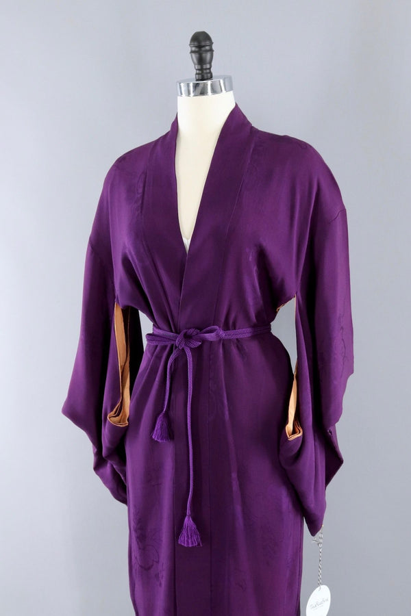 Vintage Silk Kimono Cardigan / Dark Eggplant Purple