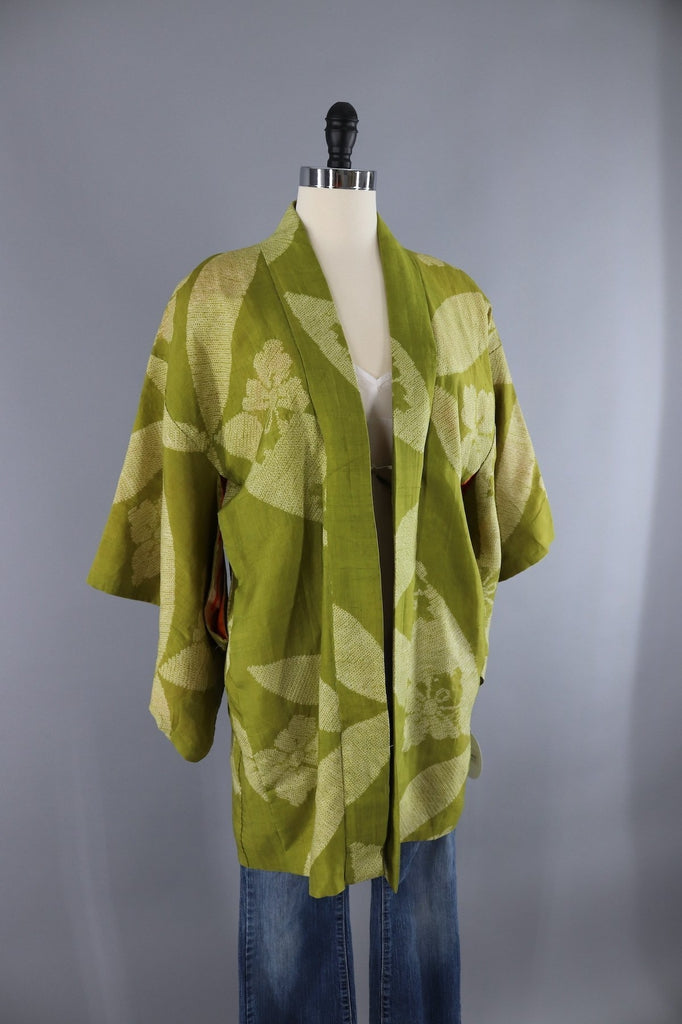 Vintage Silk Kimono Cardigan - Green Shibori
