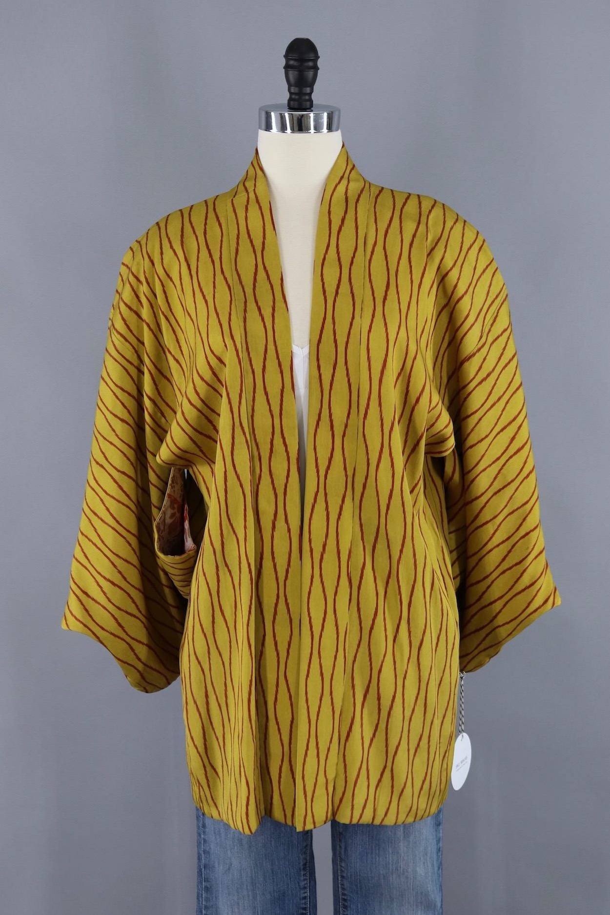 Vintage Silk Kimono Cardigan / Mustard Yellow and Red Stripes ...