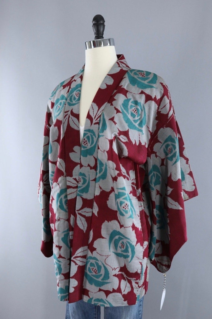 Vintage Silk Kimono Cardigan / Red & Green Meisen Floral – ThisBlueBird