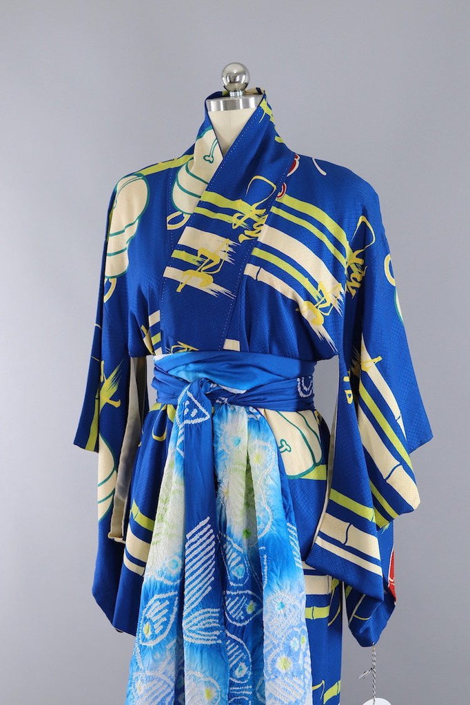 Vintage Silk Kimono Robe / Blue Jingle Bells