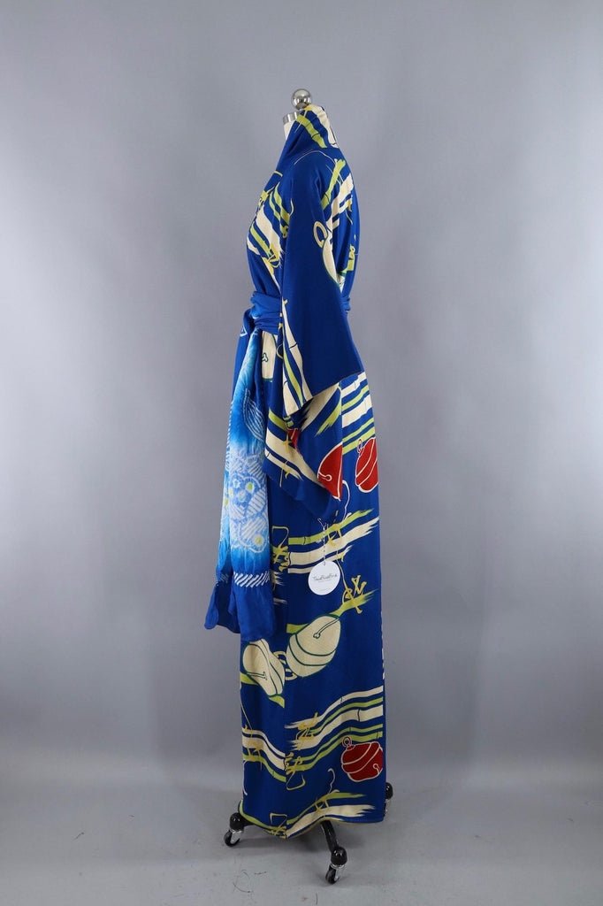 Vintage Silk Kimono Robe / Blue Jingle Bells