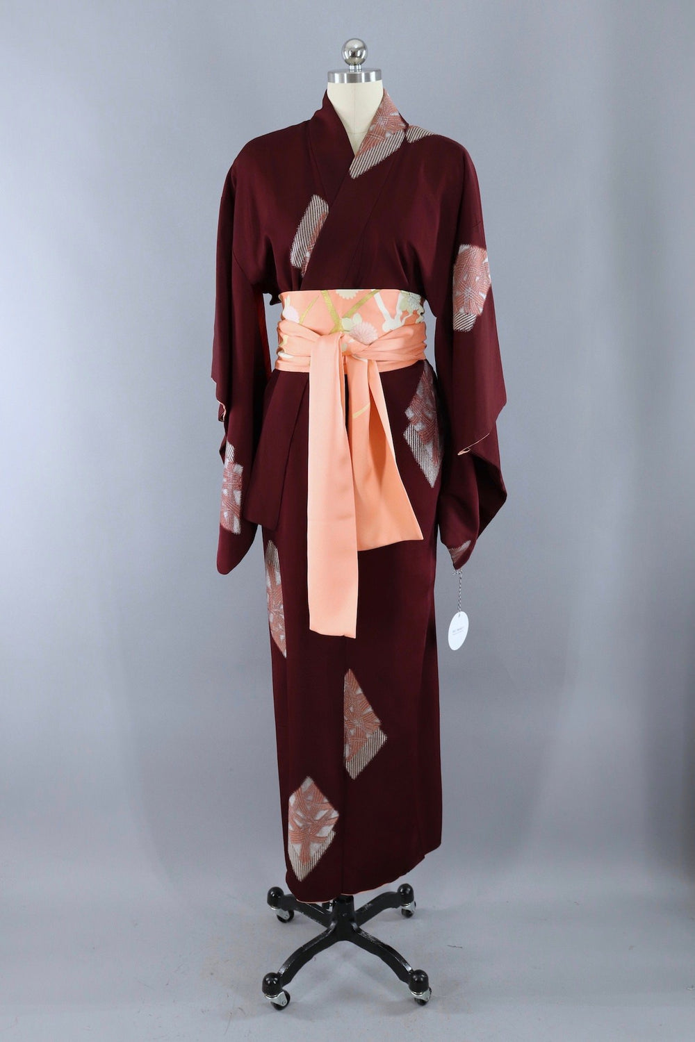 Vintage Silk Kimono Robe / Dark Red with Pink and Silver Ururshi Embro