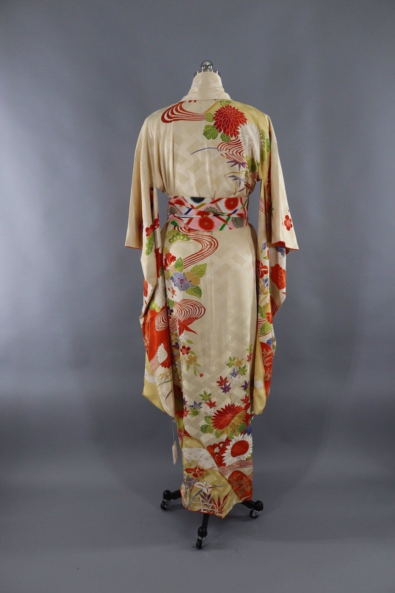Vintage Silk Kimono Robe - Gold and Orange Floral