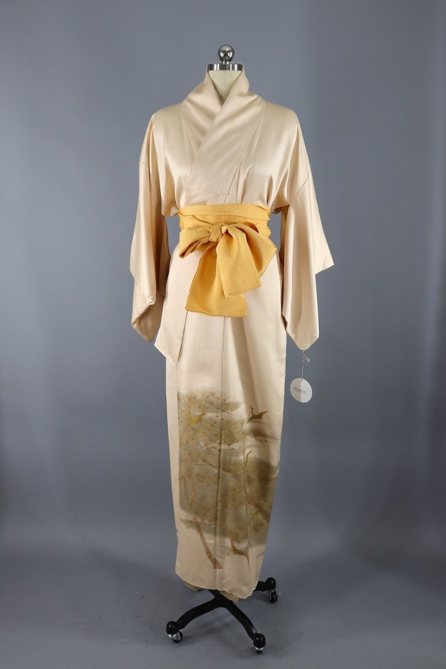 Vintage Silk Kimono Robe / Gold Mimosa and Crane Bird Print – ThisBlueBird