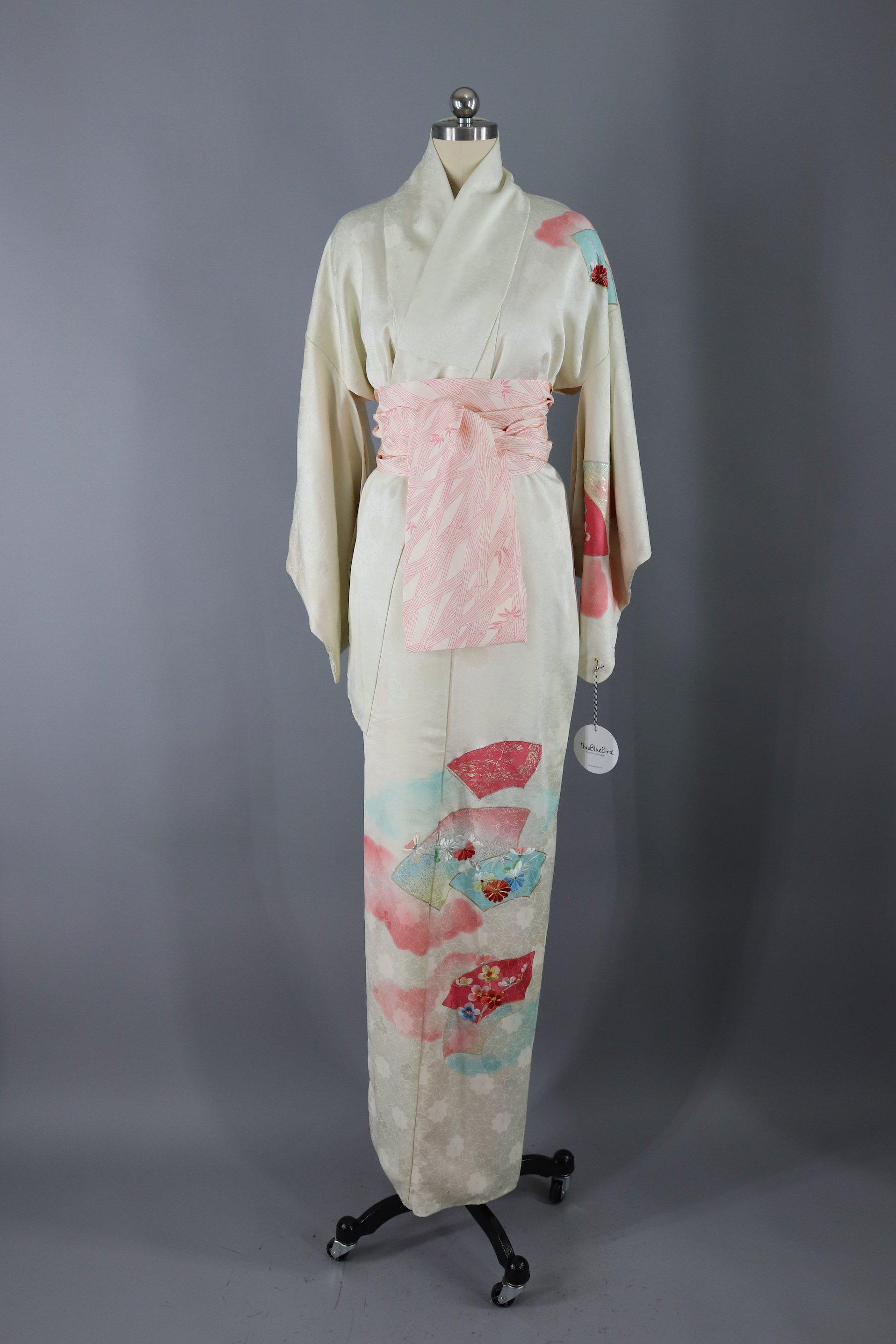 Vintage Silk Kimono Robe / Ivory Pink and Blue Floral Fans – ThisBlueBird
