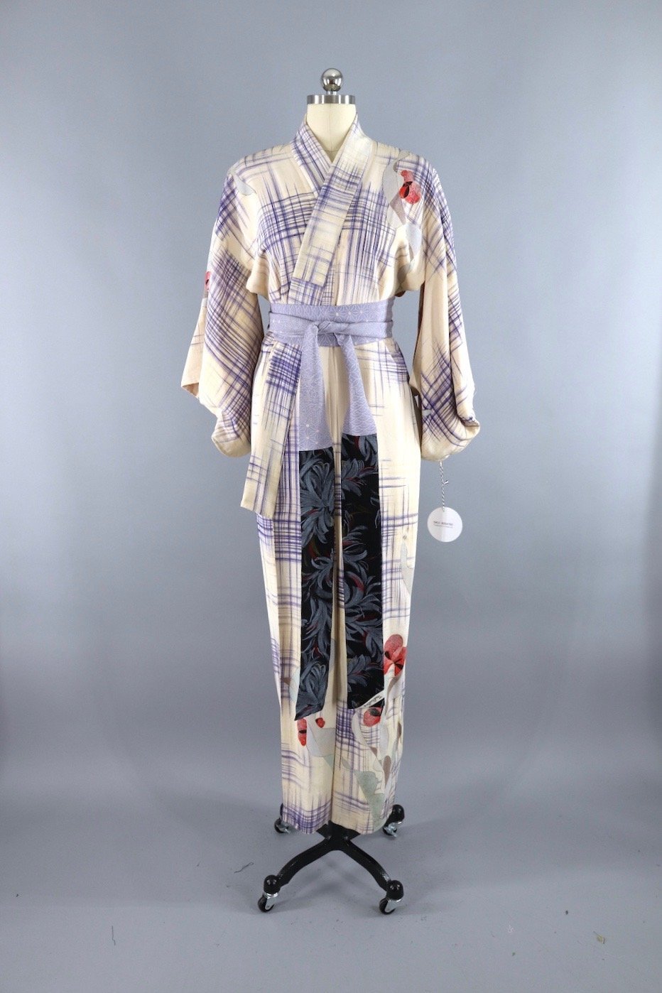 Vintage Silk Kimono Robe / Ivory & Purple Art Deco