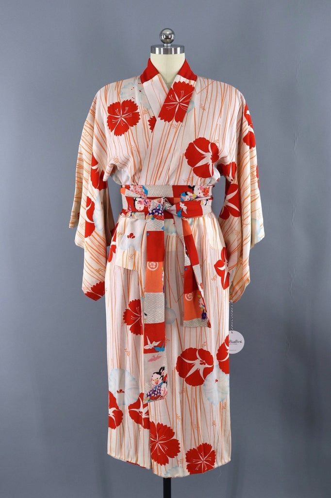 Vintage Silk Kimono Robe Juban / Ivory & Red Morning Glory Floral ...