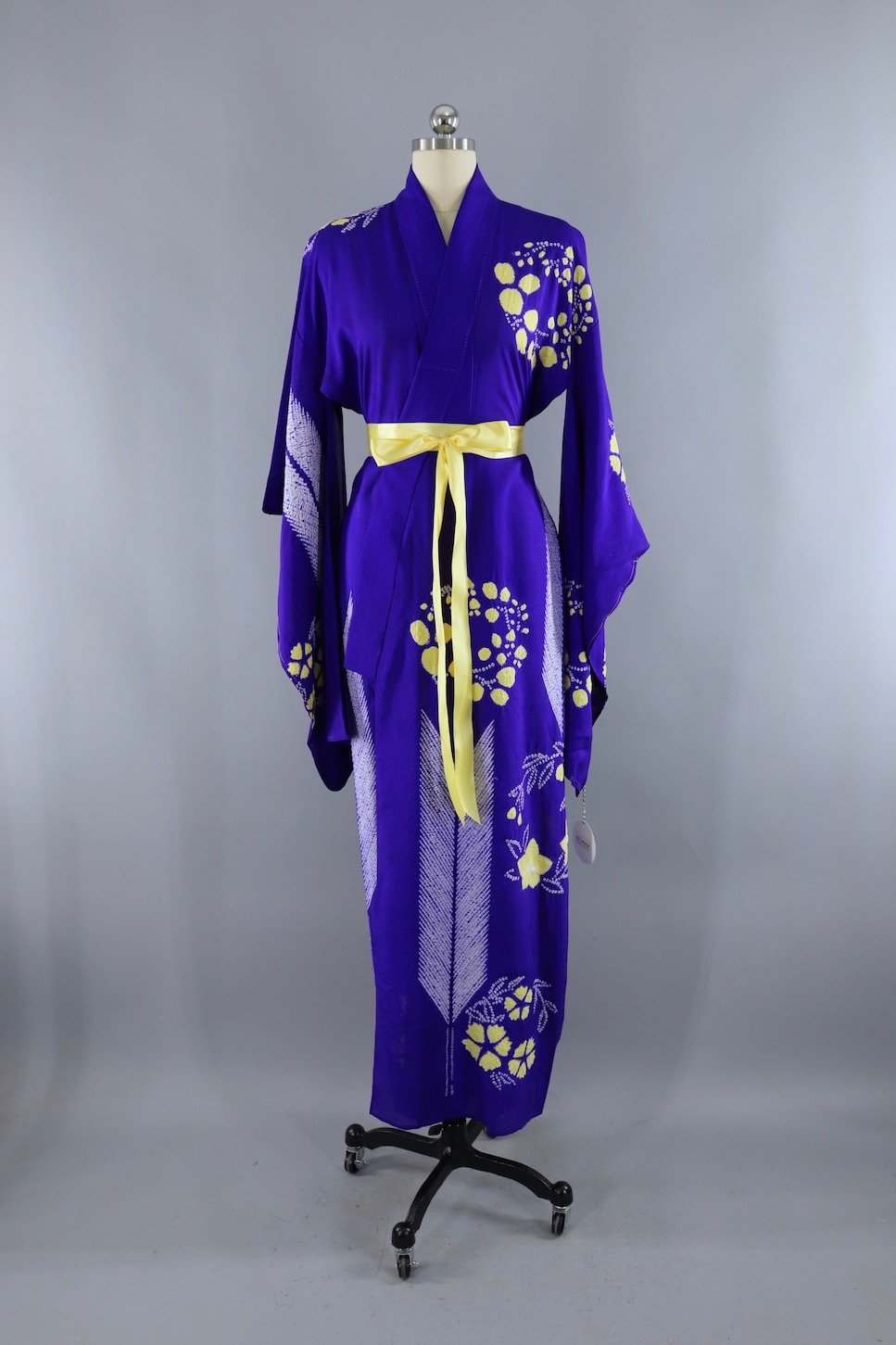 Vintage Silk Kimono Robe / Royal Blue & Yellow Floral