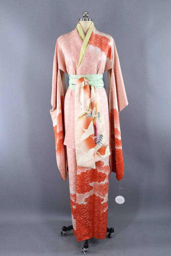 Vintage Silk Pink Clouds Kimono Robe Coral Ombre Flying Cranes Birds