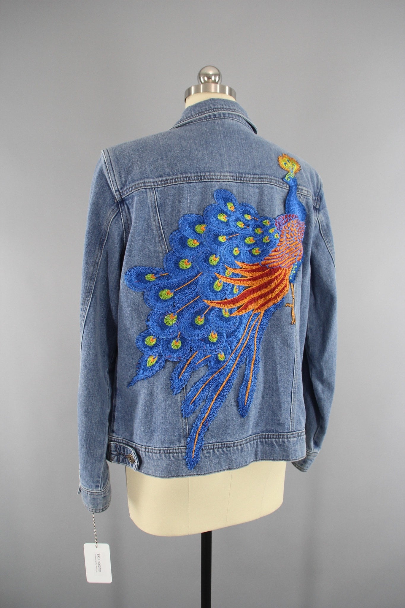 Vintage Style Denim Jacket with Royal Blue Peacock Embroidery