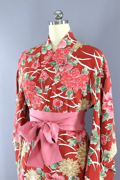 Vintage Tomato Red Peony Silk Kimono Robe – ThisBlueBird