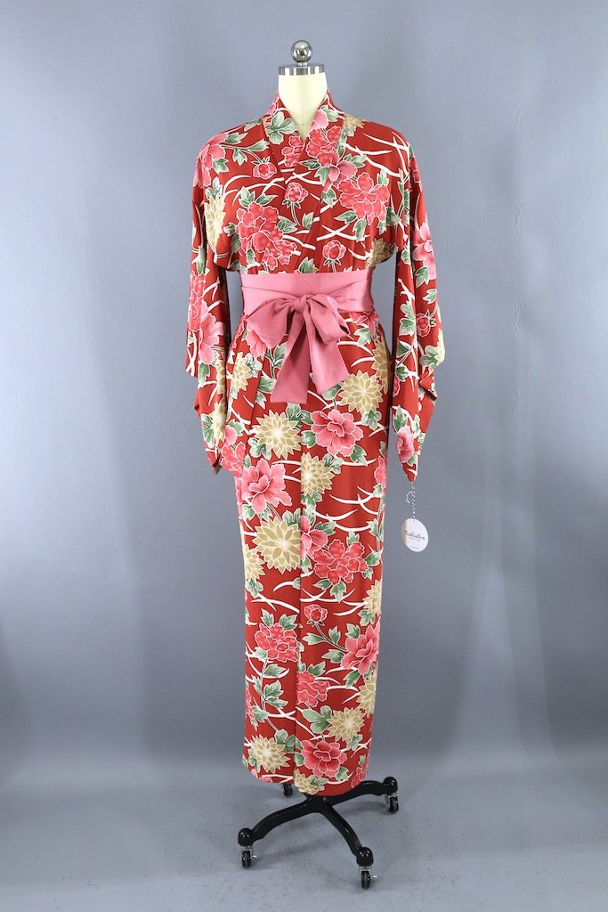 Vintage Tomato Red Peony Silk Kimono Robe – ThisBlueBird