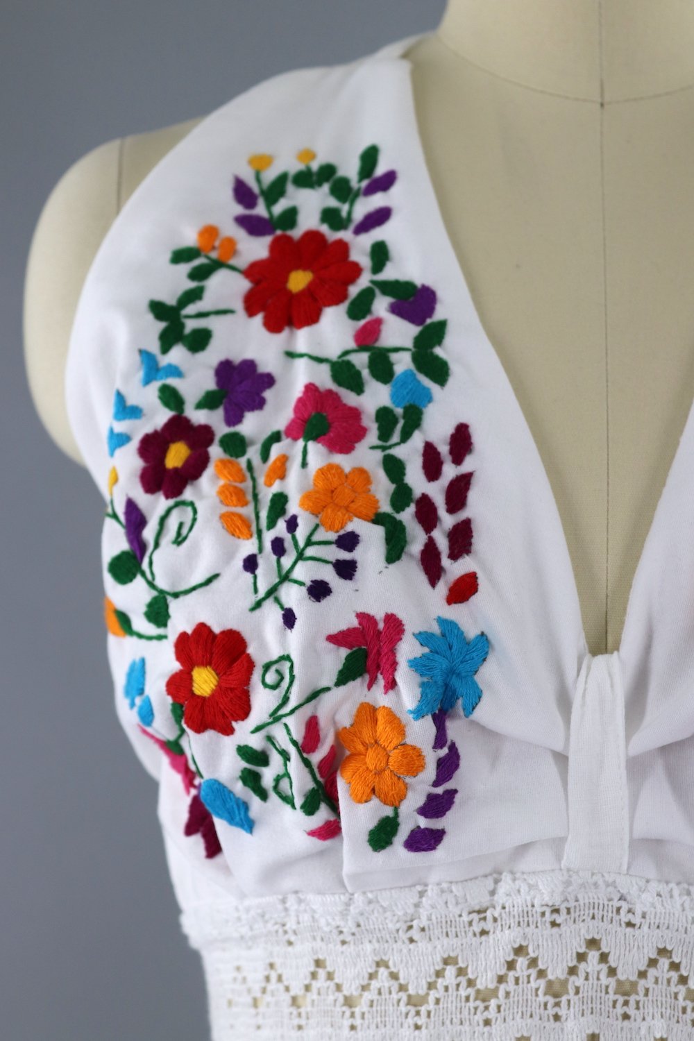 Vintage White Cotton Gauze Embroidered Mexican Halter Dress