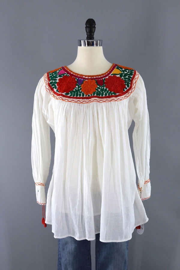 Vintage White Cotton Gauze Mexican Embroidered Tunic