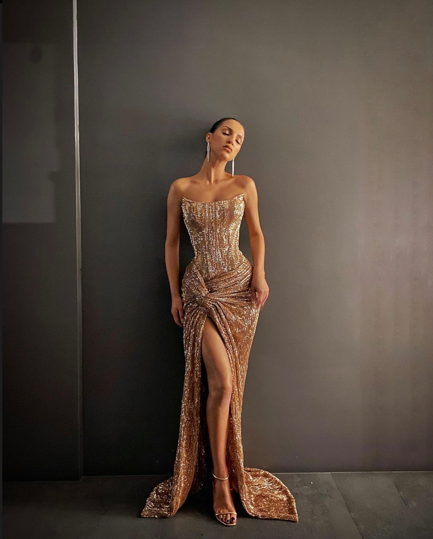 Long Sleeve Rose Gold Sequin & 3D Rose Prom Dress - Xdressy