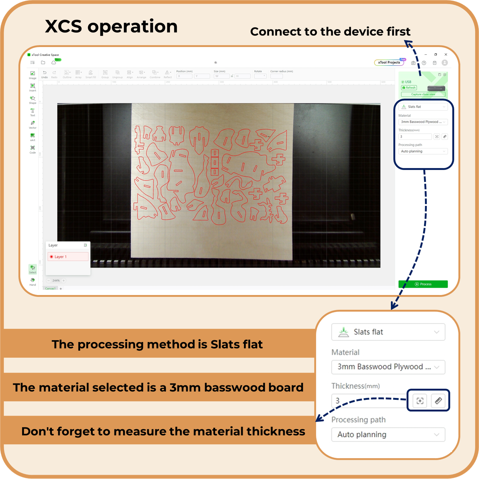 Operation & measure the material thickness 