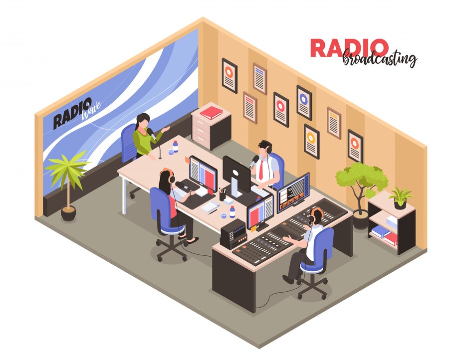 radio-broadcasting-isometric-with-employees-work-interior-participated-recording-radio-programs