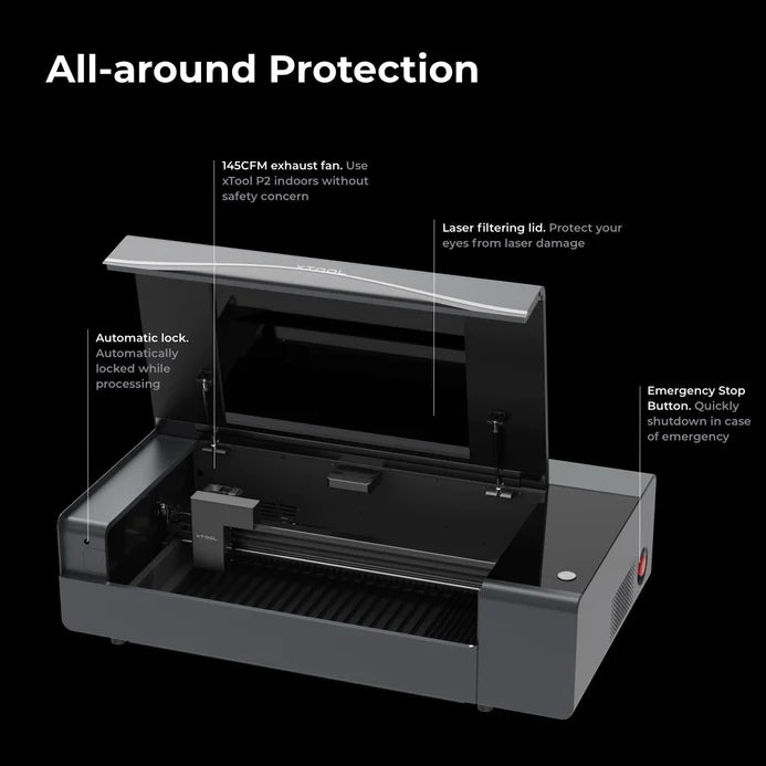 Safety features of xTool P2; all-around protection of xTool P2