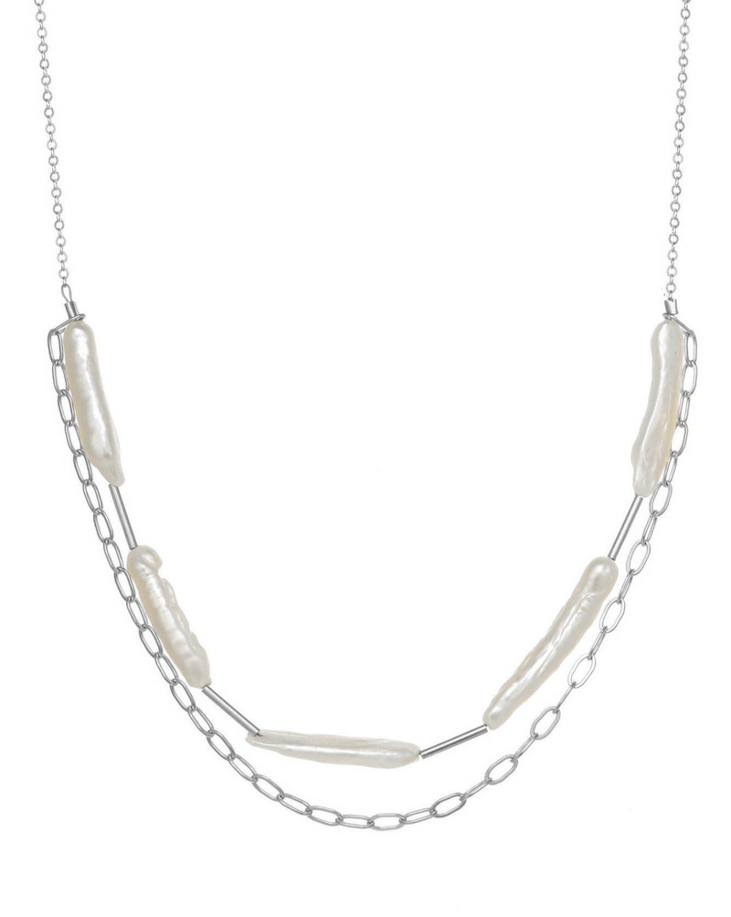 Sarah Necklace by KOZAKH. A 14 to 16 inch adjustable length necklace, crafted in Sterling Silver, with a lower half consists of 30mm to 40mm White Biwa Pearl strand.