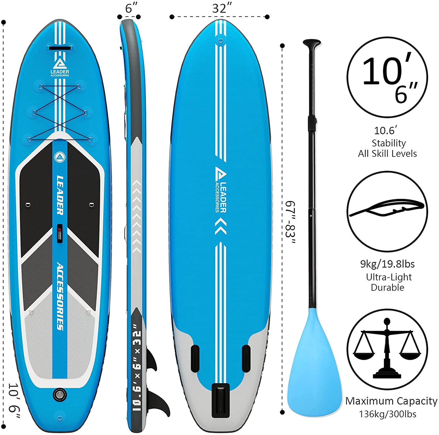 10'6" Inflatable Stand Up Board Blue | Leader Accessories