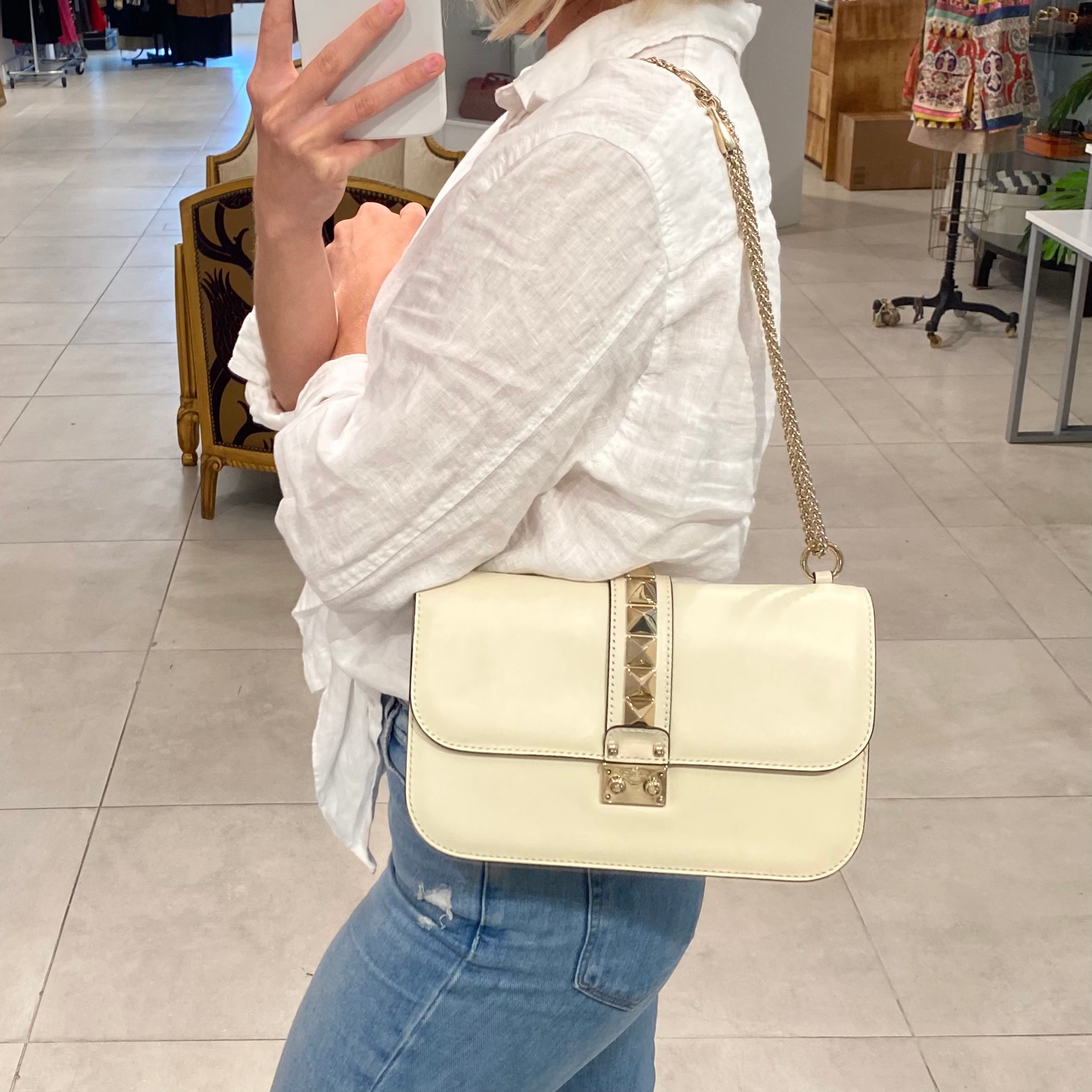 Cream Glam Lock Flap Bag – Dina C's and Funky Consignment Boutique