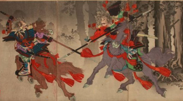 Samurai on horseback fighting against each other using hoko