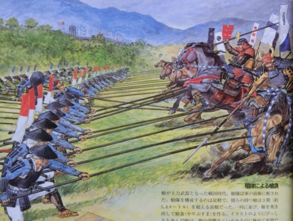 Japanese foot soldiers using yari in formation to againest cavalry