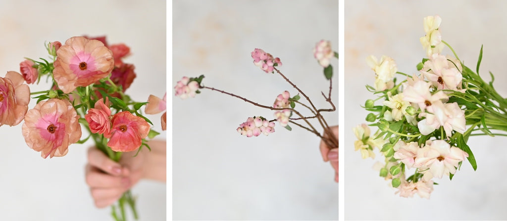 3 images nex to each other with hands holding  ranunculus, sweet pea, and limonium