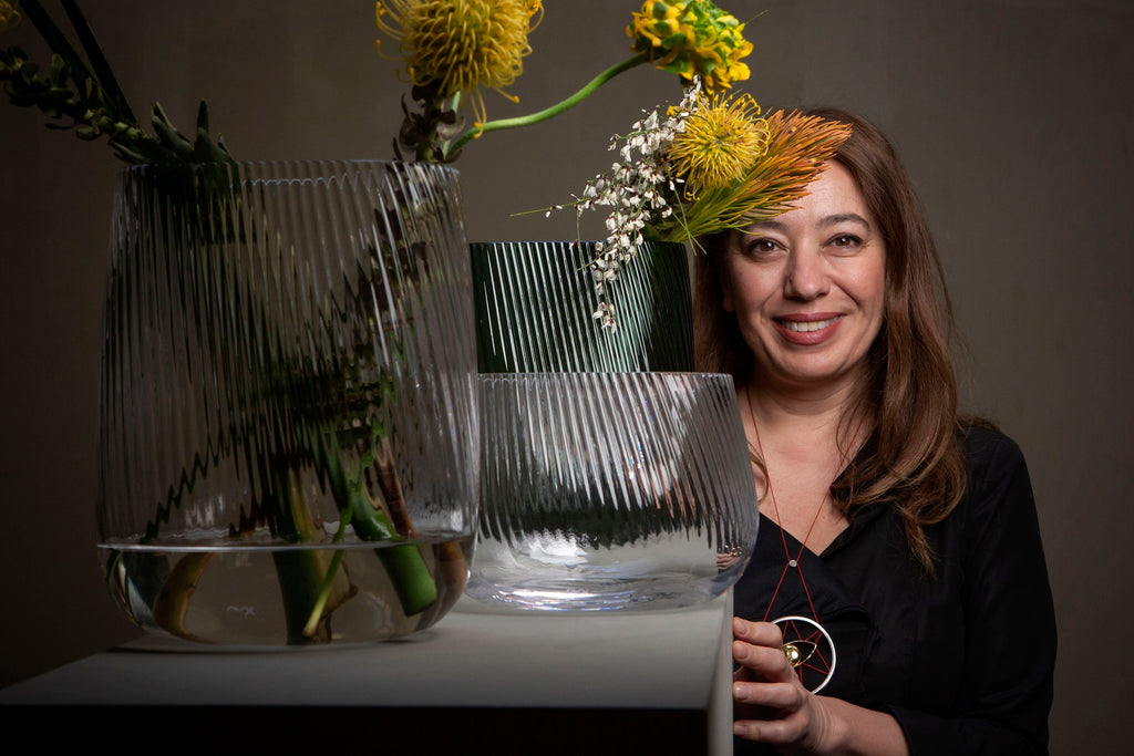 Defne Koz pictured with her new collection Optic vases for NUDE