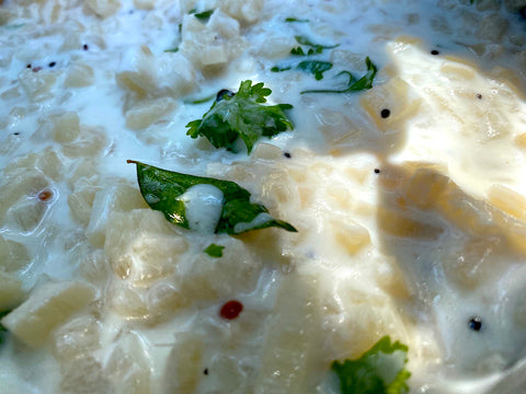 Vazhaithandu Thair Pachadi (Banana Stem Raita)  – GirijaPaati Style South Indian traditional vegetarian recipes from an Indian grandmother's kitchen www.girijapaati.com