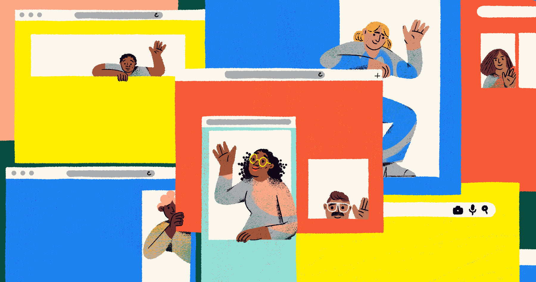 Illustration of a group of screens with google ads cut out. Inside the ads are people. This is a metaphor for understanding google advertising and the audiences that businesses can target: lookalike audiences.