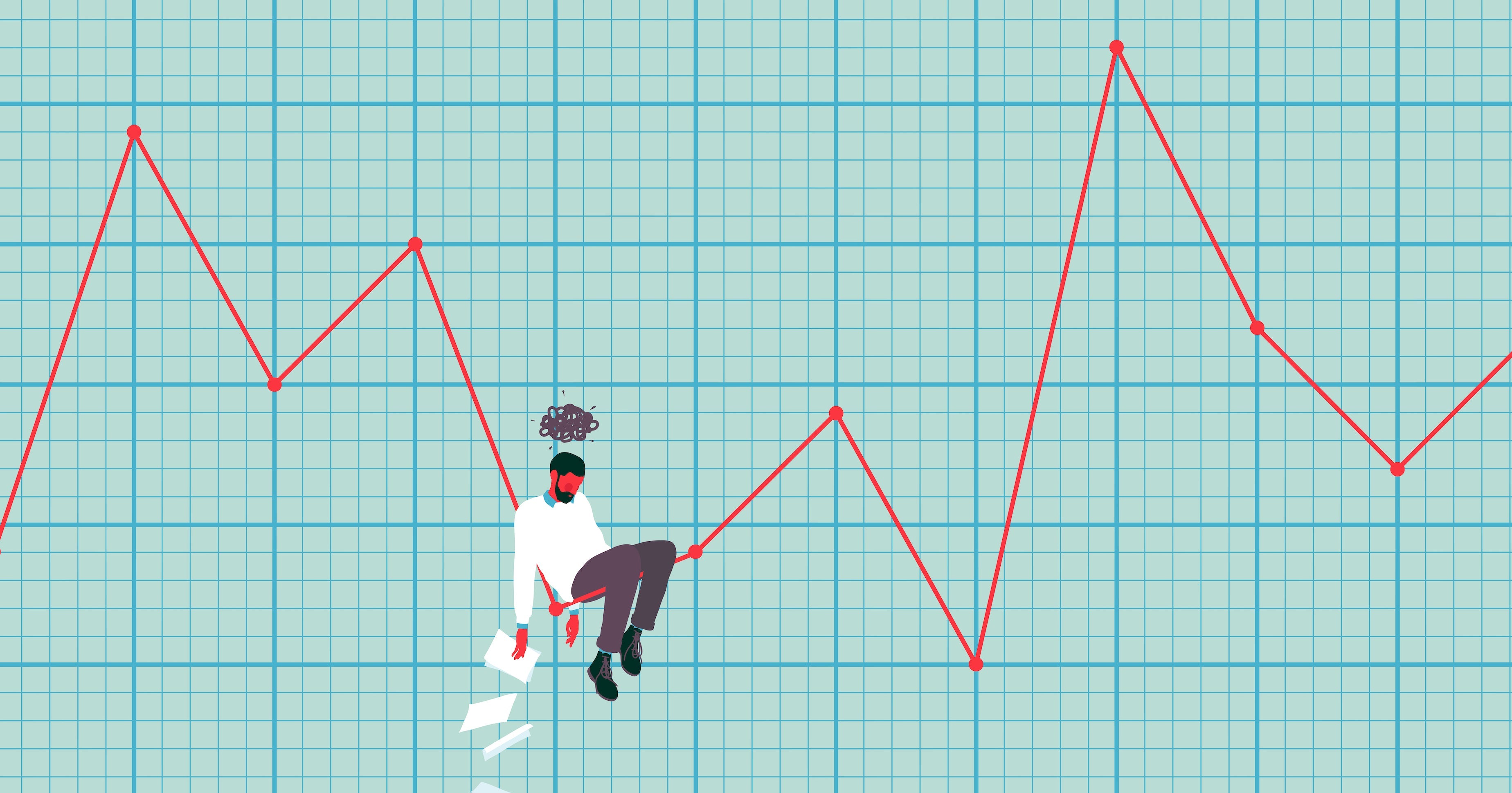 Illustration of a line graph depicting the ups and downs of entrepreneurship with a business owner sitting on it.