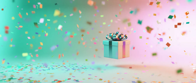 a present amongst glitter on a colourful background