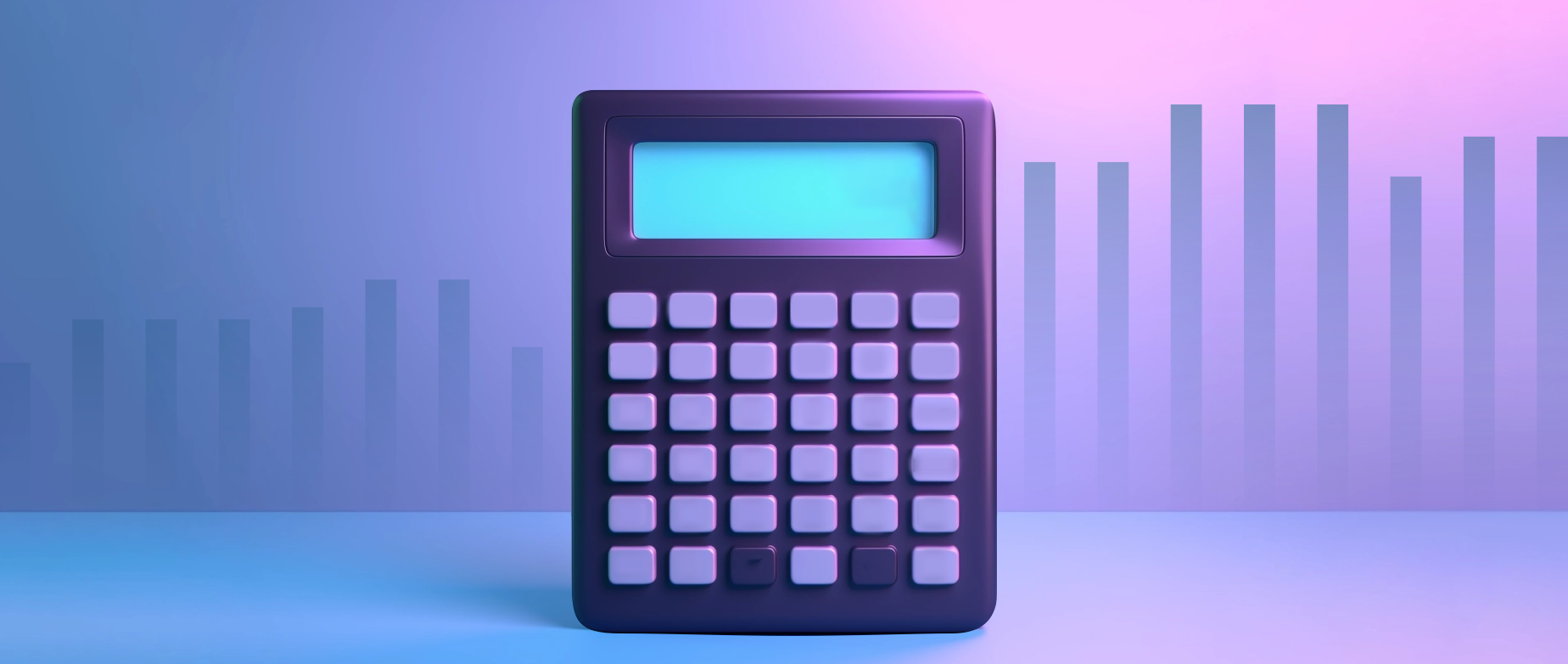 A calculator in front of a blue pink background with a bar graph.