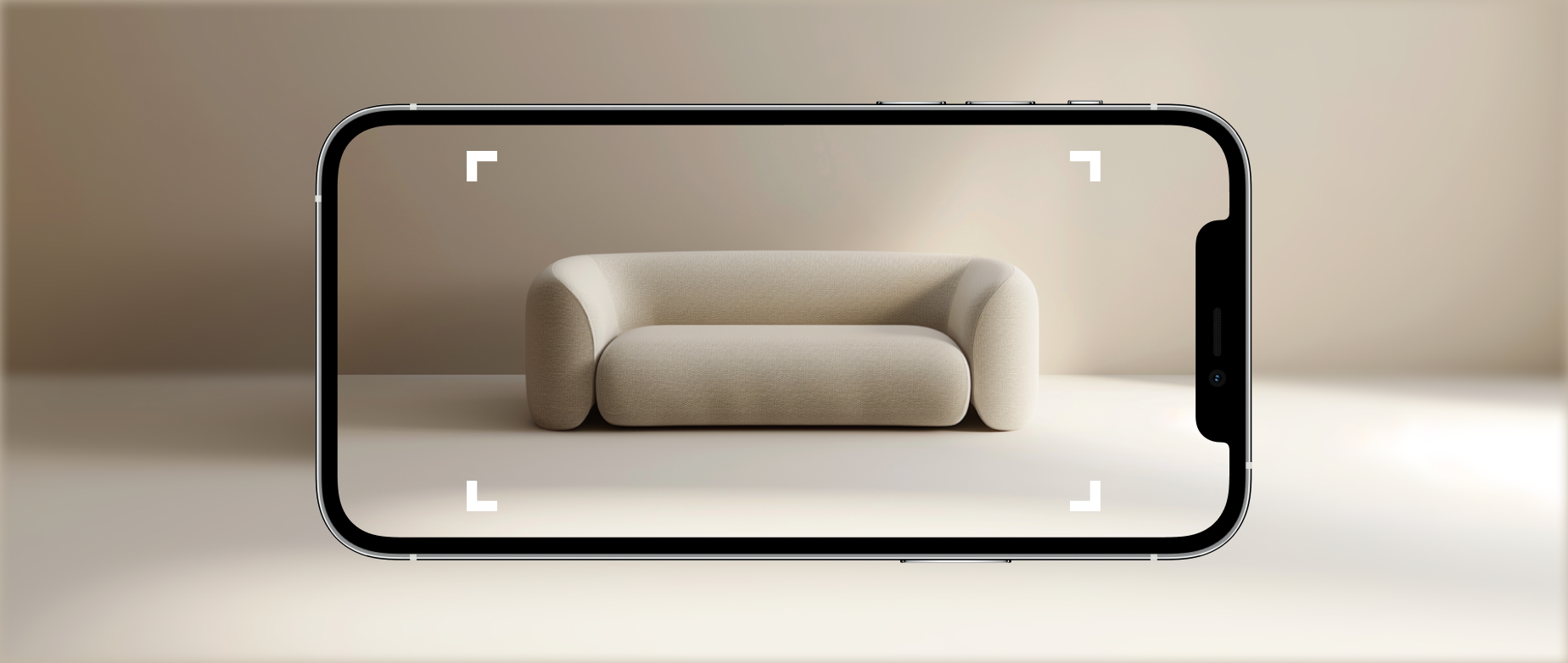 An animated image of a phone screen showing a white sofa.