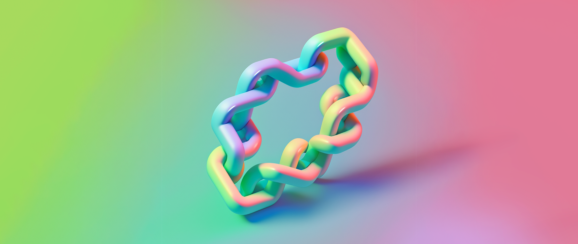 three-dimensional ring of chain on a green and pink background