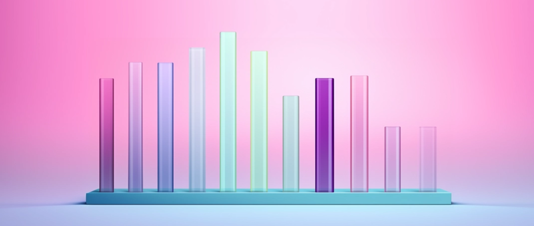 A multicolored 3D bar graph in front of a light pink background.