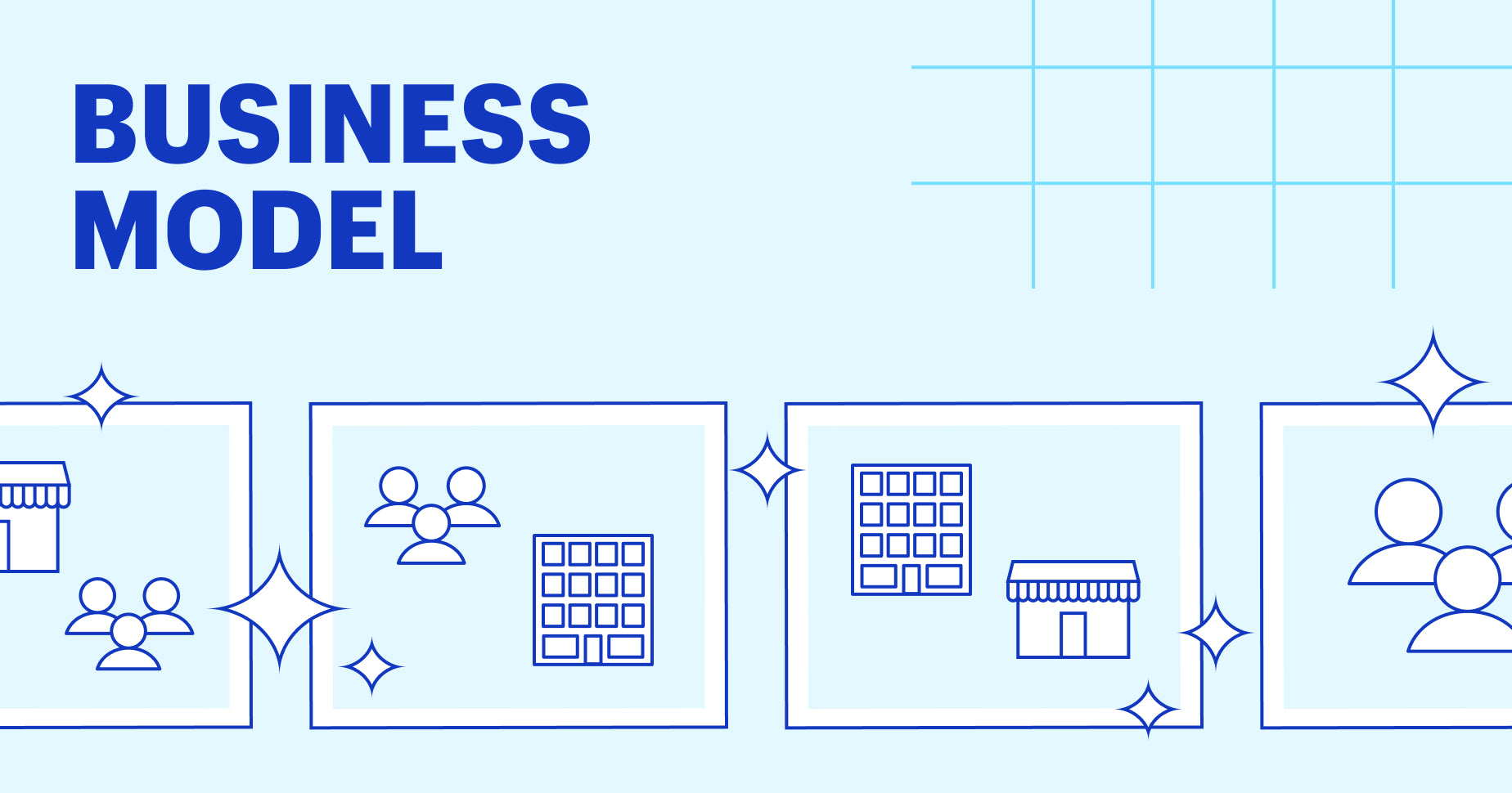 Business model graphic with illustrated grid, building renderings, and human symbols.