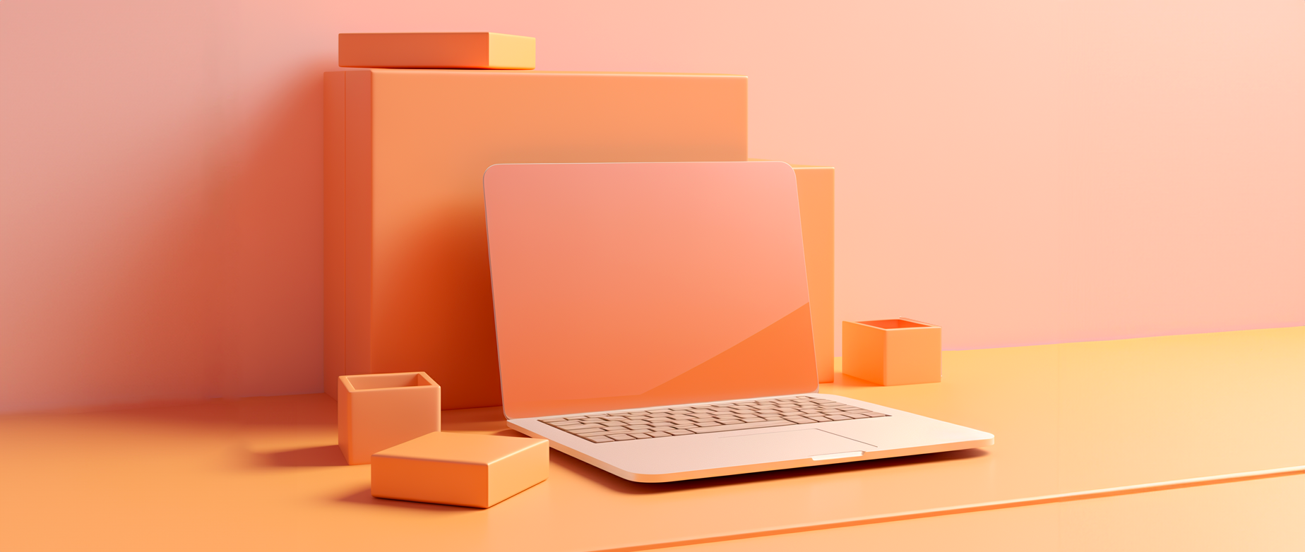 A peach colored image of a laptop and containers on a desk.