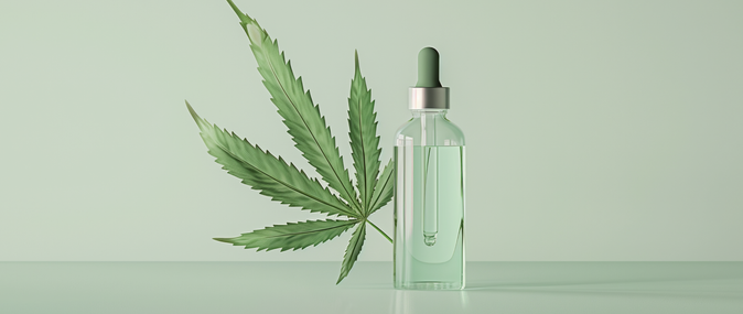 A hemp leaf placed next to an oil tincture represents a CBD oil product that could be dropshipped.