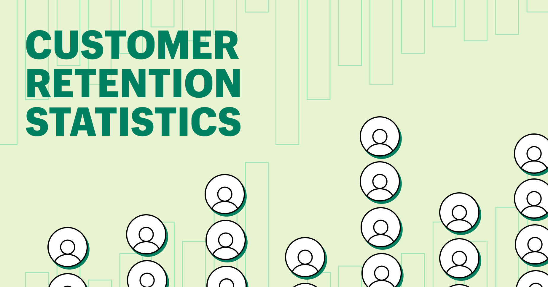 A graphic with the phrase "customer retention statistics" paired with a vector image of human-esque figures in rows on a green background