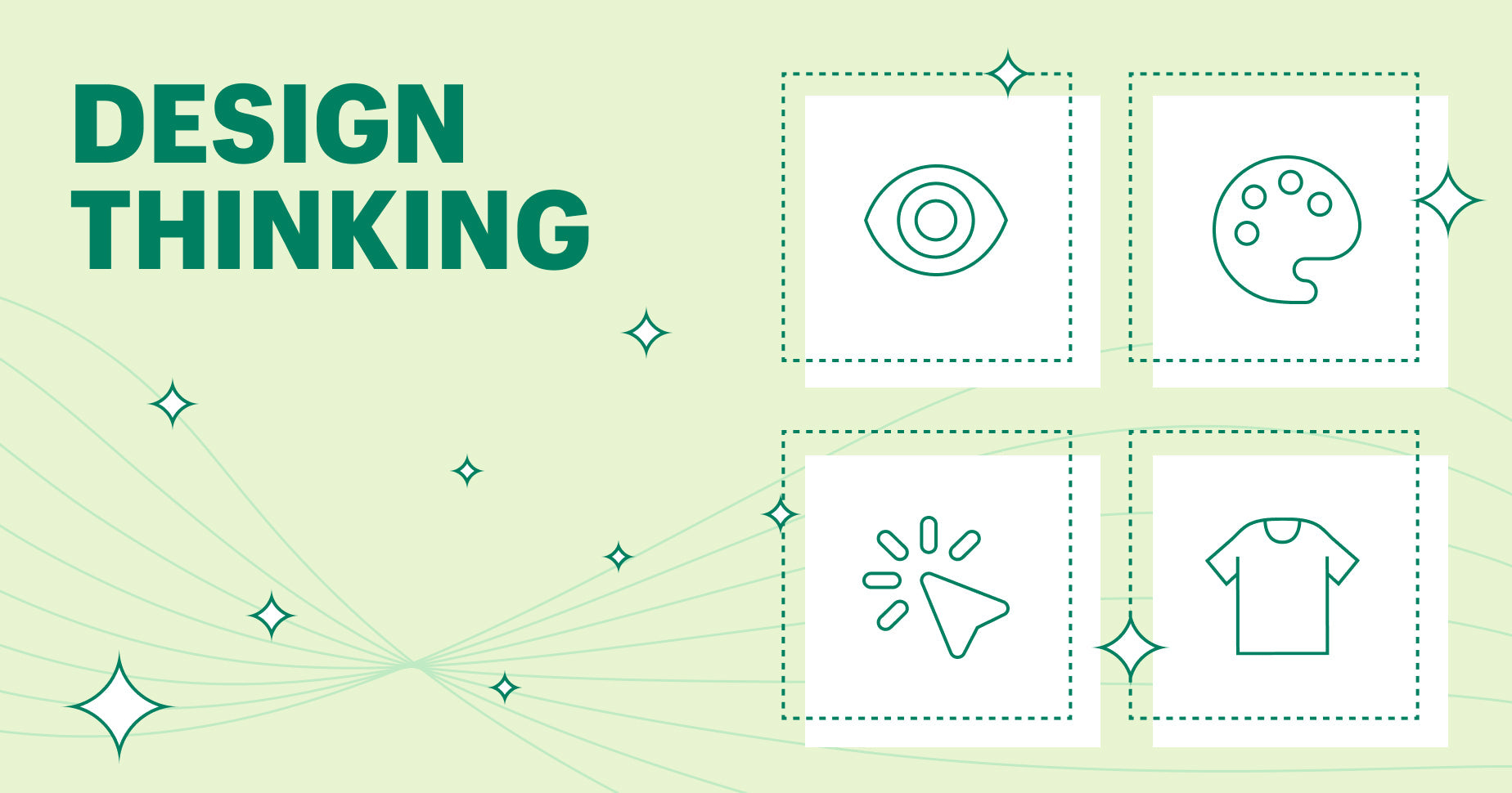 what is design thinking on left, right is four quadrants with icons to represent an eye, a paint palette, a browser arrow, and a t-shirt