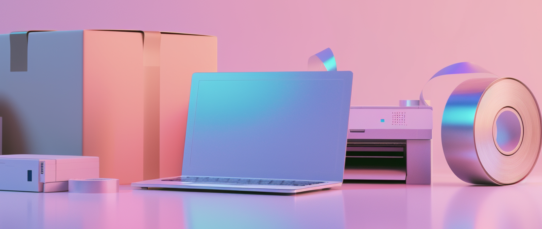 Table with a box, tape, an open laptop, ribbon, and a labeling machine in front of a pink wall: ecommerce management strategy