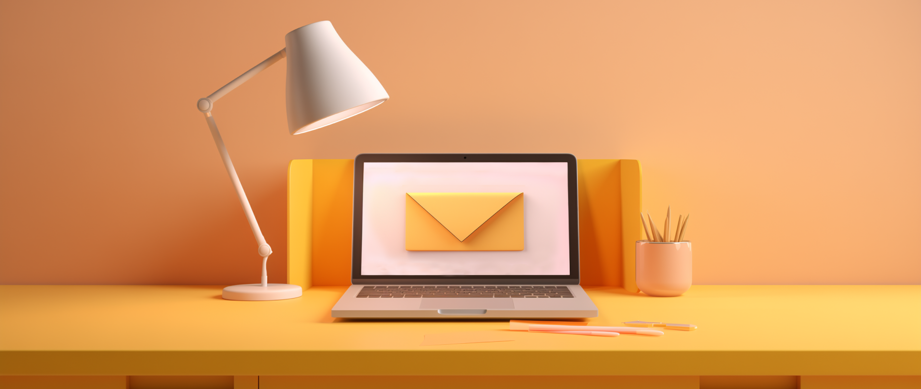 An orange office with a lamp and a laptop with an orange envelope on the screen.