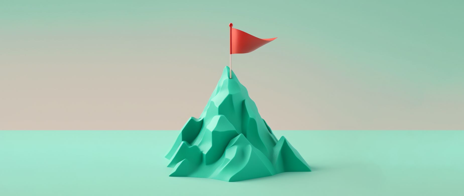 a red flag planted on top of a green mountain