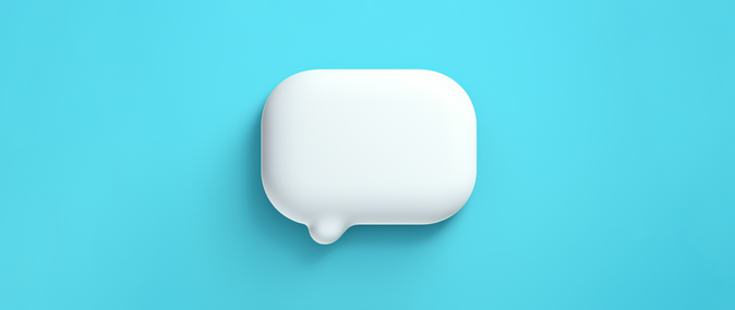 A cartoon 3D speech bubble on a bright blue background