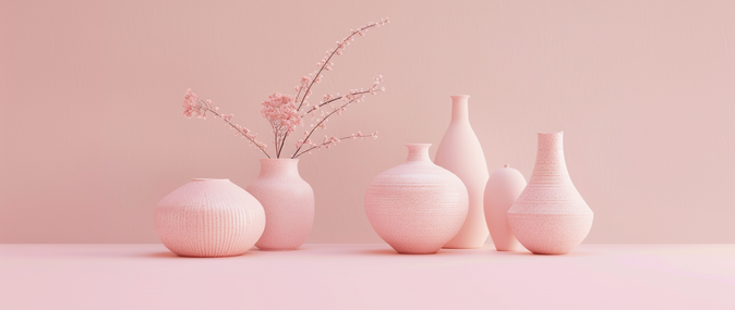 Six pink decorative vases with branches on a light pink background.