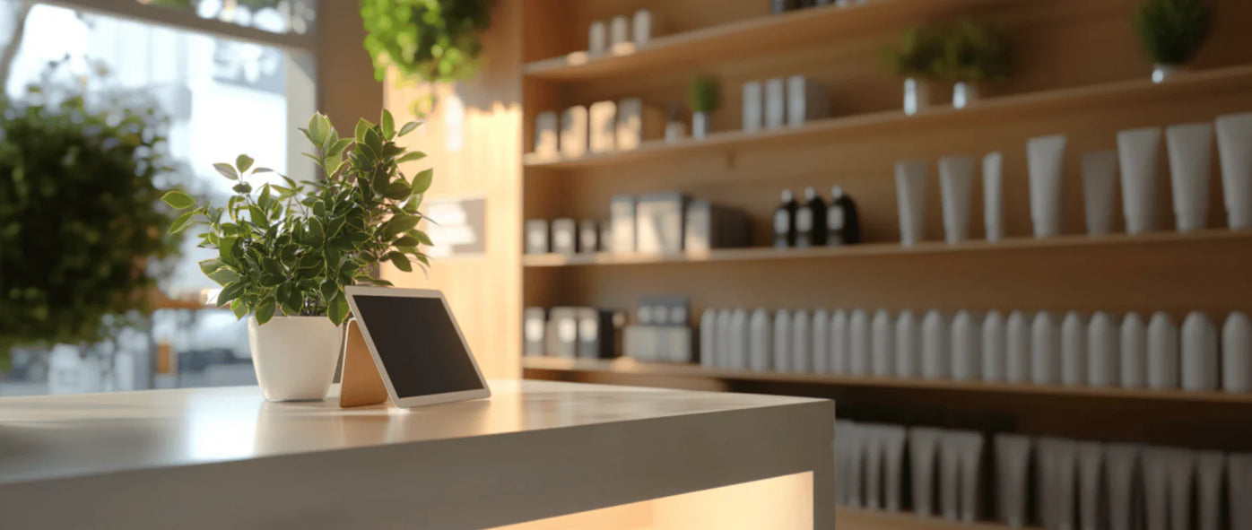 an iPad POS system on a counter top of a retail store